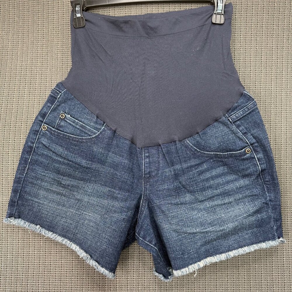 Aglow Maternity Size 10 I Denim Shorts With Stretch Panel & Frayed Hem